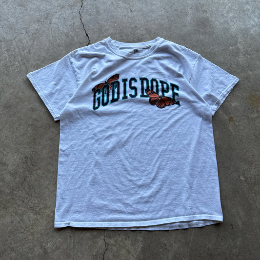 White ‘God is Dope’ Butterfly Tee - L